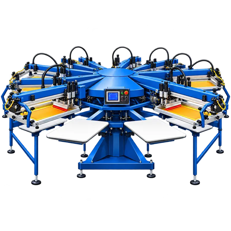 Screen printing press applying ink to a shirt
