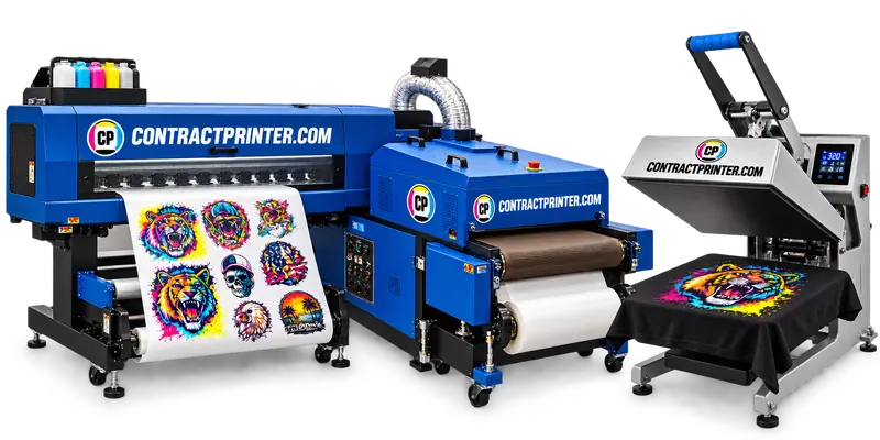Commercial heat press applying a DTF transfer to a shirt