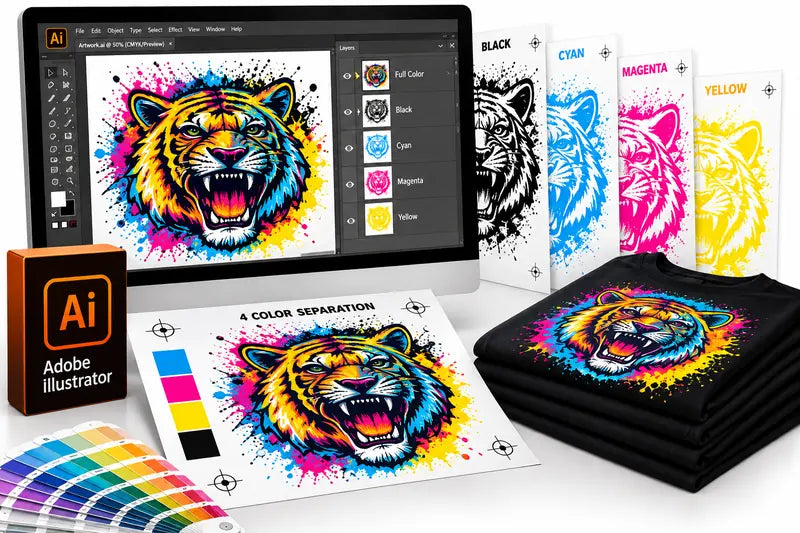 Artwork separated into screen printing color layers with halftone dots
